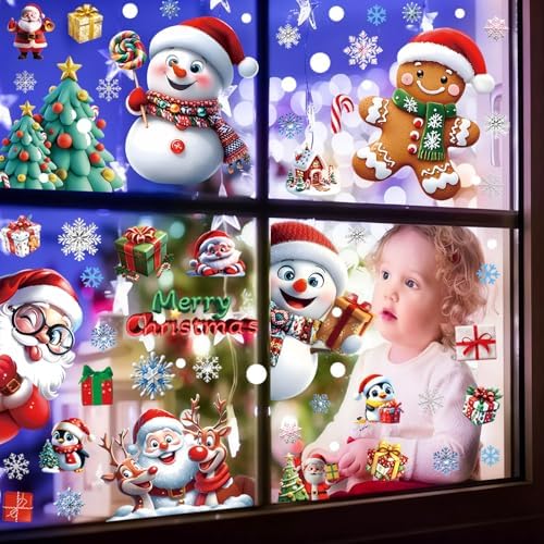 261PCS Christmas Window Clings for Glass, Cute Santa Claus Gingerbread Man Snowman Stickers Xmas Window Decals for Wtiner Christmas Holiday Party Home Office Classroom Decorations
