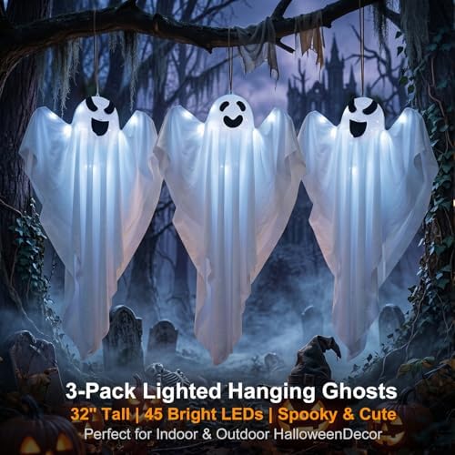 3 Packs Halloween Decorations Outdoor - BCLGSHINE Lighted Hanging Ghost Decorations with 45 LEDs, 32 Inch Halloween-Ghost Lights for Porches, Party, Yards, Gardens, Lawn