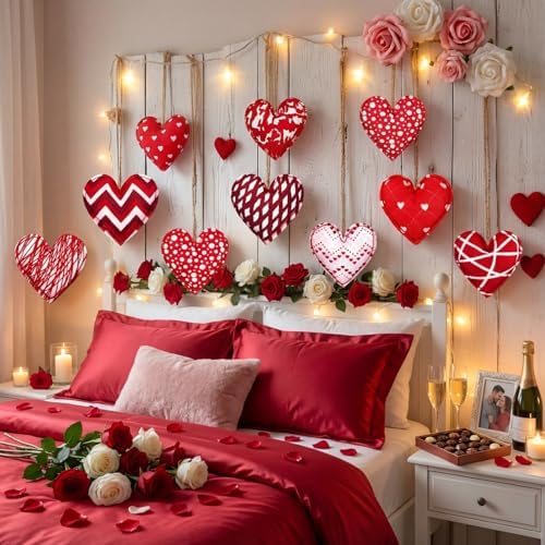 Breling 12 Pcs Valentines Felt Heart Ornaments, 3.15 in Red Hanging Decor