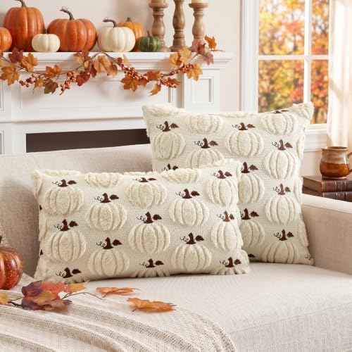 Artscope Fall Pumpkin Throw Pillow Covers 18x18 Set of 2, Autumn Soft Plush Faux Fur Decoration Cushion Covers for Thanksgiving Holiday Couch Sofa Bedroom Home Decor-Beige