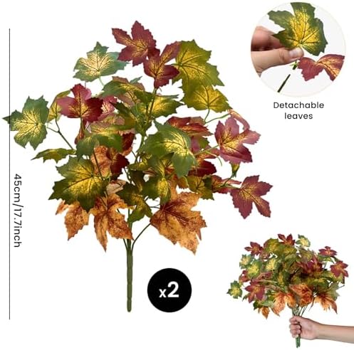 Daily Treasures 2Pcs Artificial Maple Leaves Branches,17.7in Artificial Autumn Decorations,Fake Fall Leaves Stems,Fake Plants Fall Decor for Thanksgiving,Halloween,Outdoor,Home,DIY(Green-Yellow-Red)