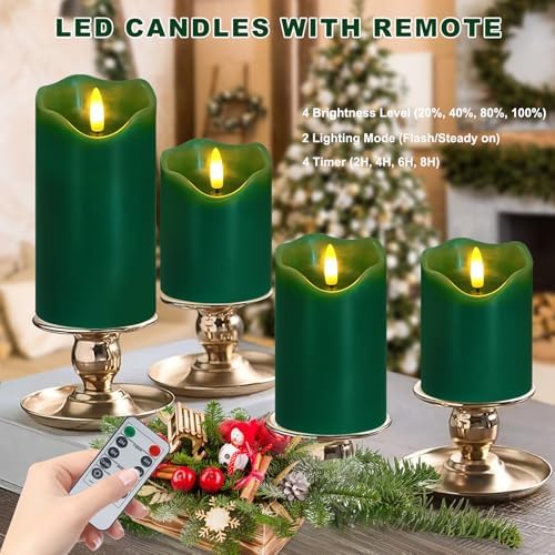 Green Flameless Candles Set of 3, Christmas LED Candles with Remote & Timer