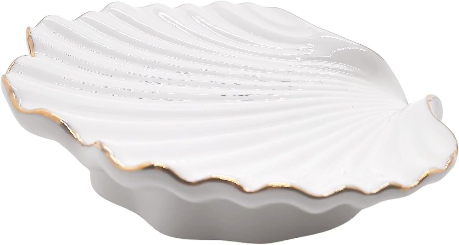 Ceramic Soap Dish Self-Draining Lotus Leaf Soap Holder Soap Saver / Shell White