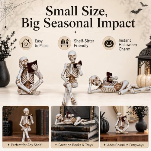 Dlfghos 3 Pieces Halloween Skeleton Statue Halloween Skull Figurine Home Decor Reading Skeleton Figurines Decorations for Indoor Fireplace Home Kitchen Desk Office Party