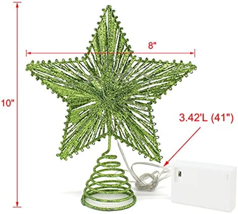 CVHOMEDECO. Green Glittered 3D Tree Top Star with Warm White LED Lights and Timer for Christmas Tree Decoration and Holiday Seasonal Décor, 8 x 10 Inch