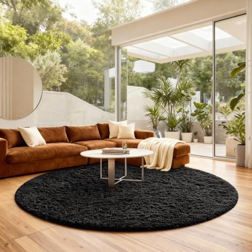 Ophanie Round Rug 8Ft Black Circle Area Rug, Room Decor for Men, Fluffy Fuzzy Bedroom Carpet, Plush Soft Shaggy Living