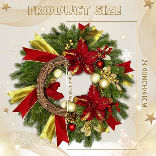 24" Christmas Wreaths for Front Door with Lights & Poinsettia Flowers