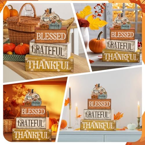 Lineshading 4 Pcs Stacked Pumpkin Block Signs, Fall Thanksgiving Decor