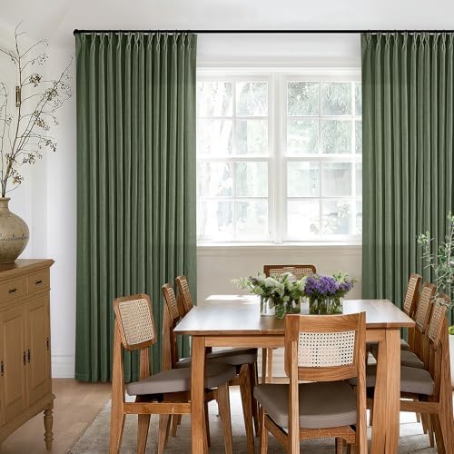 108 Inch Linen Memory Trained Pleated Curtains Olive Green for Living Room