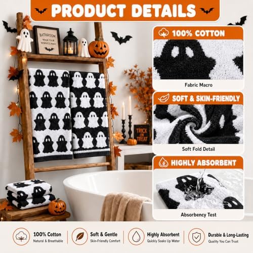 2Pcs Halloween Ghost Hand Towels, Black White Decor for Home/Kitchen/Bath
