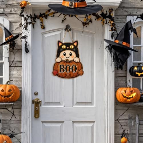 Halloween Door Sign Cute Ghost Wear a Black Cat Hat Pumpkin BOO Decor