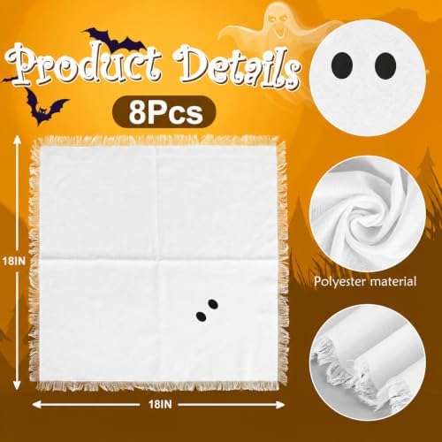 Whaline 8 Pcs Halloween Cloth Napkins with Fringe Spooky White Ghost Dinner Napkin Washable Reusable Cotton Napkin for Halloween Party Home Kitchen Dining Table Decoration, 18 x 18 Inch