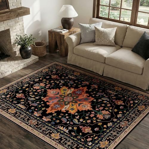 RELEANY Washable Area Rug, 4'x6', Black/Colorful