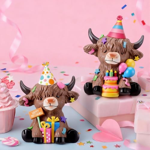 Karenhi 2 Pcs Highland Cow Figurines Resin Birthday Cake Topper Decor