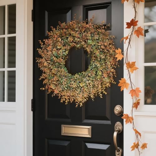 26"Artificial Eucalyptus Wreath with Seed for Front Door Decor(Fall Orange)