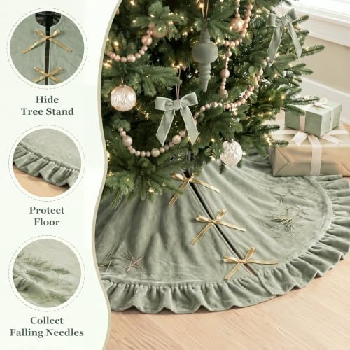 Velvet Christmas Tree Skirt, 60 Inches, Bow Style, Sage Green