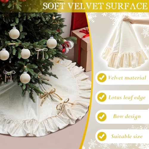 Velvet Christmas Tree Skirt, 48 Inches, Bow Style, Ivory White