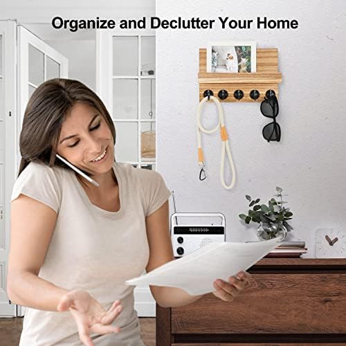 Lwenki Key Holder for Wall, Decorative Key and Mail Holder with Shelf Has Large Key Hooks for Bags, Coats – Paulownia