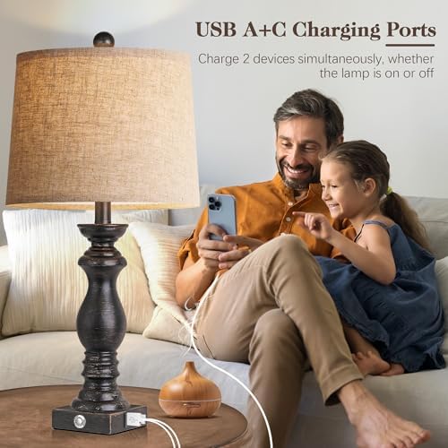 24.5" Table Lamp Set of 2, Rustic Farmhouse Bedside Lamps with USB A+C Charging Ports, 3-Way Dimmable Touch Control