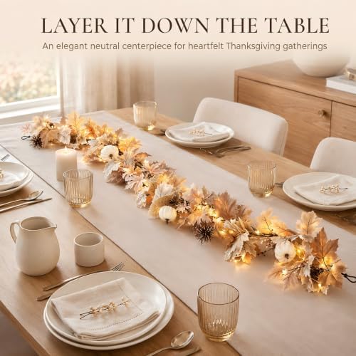 Fall Decor Garland with Lights, 6Ft, 30 Warm LED, White Pumpkins