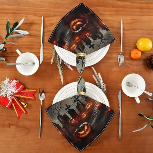 Halloween Witch Cemetery Cloth Napkins 20x20 Inch, 4 Pack Washable Dinner Napkins Reusable Napkins for Banquets, Weddings, Holiday, Party and Daily Use