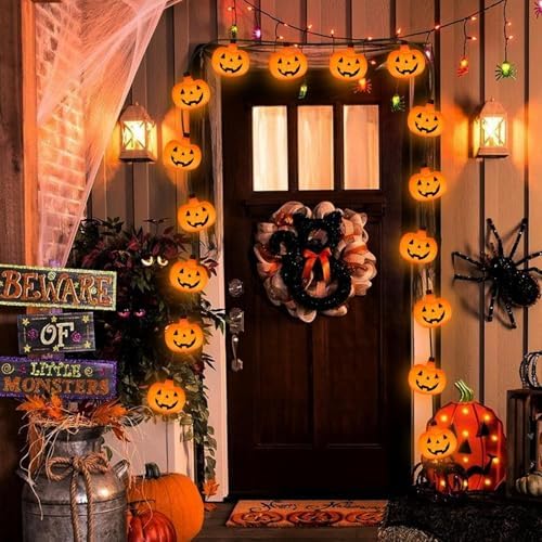Halloween String Lights - LED Jack O Lantern Lights with Cute Spooky Smiling, 8.5Ft LED Pumpkin Lights Outdoor Plug in for Fall Halloween Decorations Indoor Outdoor Home Mantel Party Decor, 0.07W