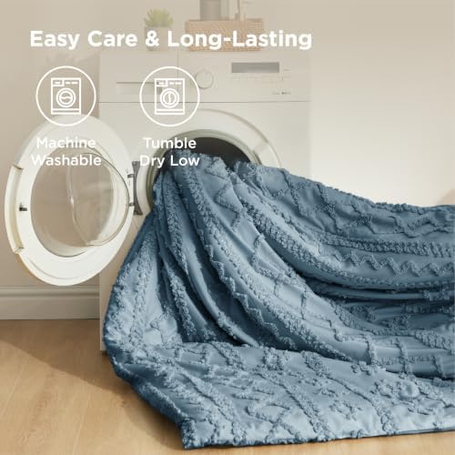 Bedsure Tufted Boho Comforter Set Twin Size - Dusty Blue Boho Bed Set, GentleSoft™ 2 Pieces Farmhouse-Style Embroidery
