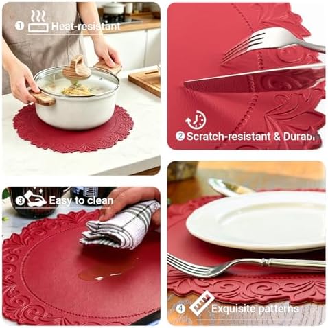 Round Faux Leather Placemats Set of 4, Dining Table Mats, Holly Red