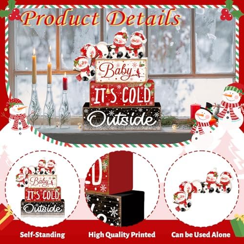 Britimes Tiered Tray Decor Set, 4 Pack, Wooden Table Sign, Snowman