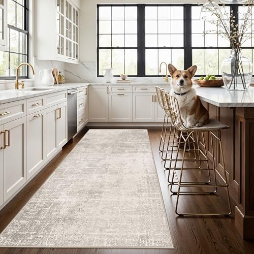 Washable 4x8 Hallway Area Rug: Abstract 8ft Water Resistant Soft Entry Kitchen Runner Rug Non-Slip Low Pile Carpet for