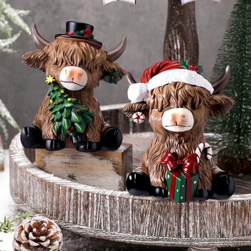 Karenhi 2 Pcs Highland Cow Figurines Resin Christmas Decor for Home Office