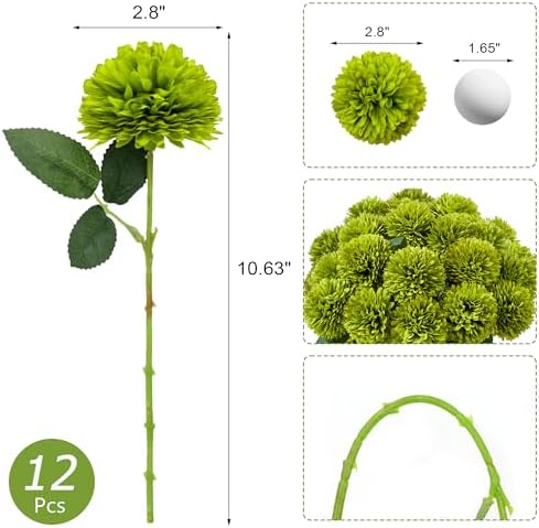 SITUMEIZI 12 Pcs Green Artificial Chrysanthemum Flowers, Fake Mums