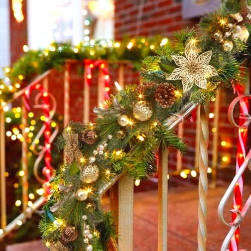 6ft Prelit Christmas Garland with 20 Lights, Xmas Fake Vines with Bows Christmas Balls Flowers Berries Greenery