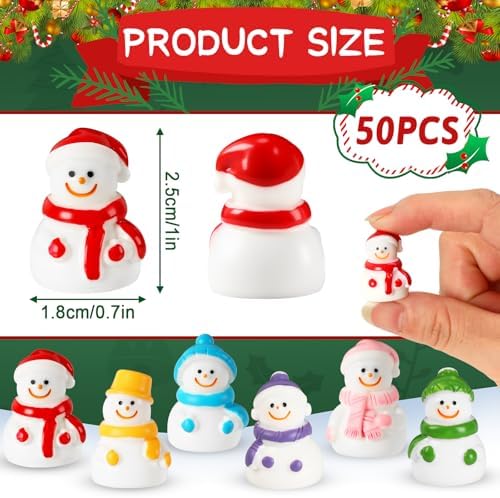 JUNEBRUSHS 50 Pcs Mini Resin Snowman, Christmas Snowman Figurines Winter Miniature Snowmen Ornaments for Christmas DIY Craft Fairy Garden Dollhouse Decor