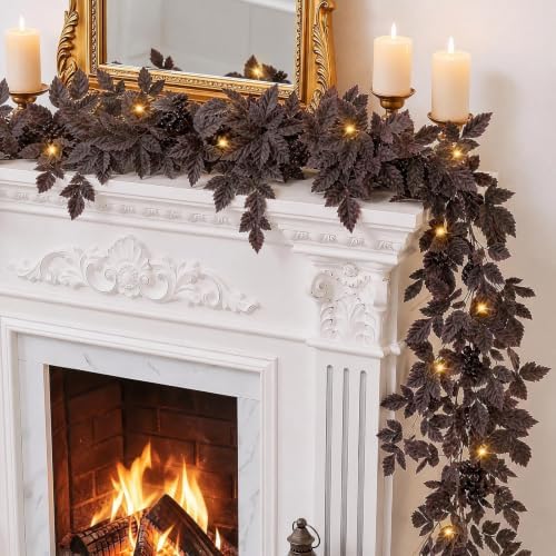 6Ft Plum Fall Garland for Mantle with Lights, Fall Decorations for Home