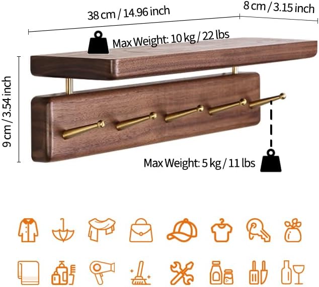 Solid Wood Shelf with Hooks, 15 inch Coat Rack Wall Mount, Shelves with 5 Brass Hooks for Hanging in Entryway, Living