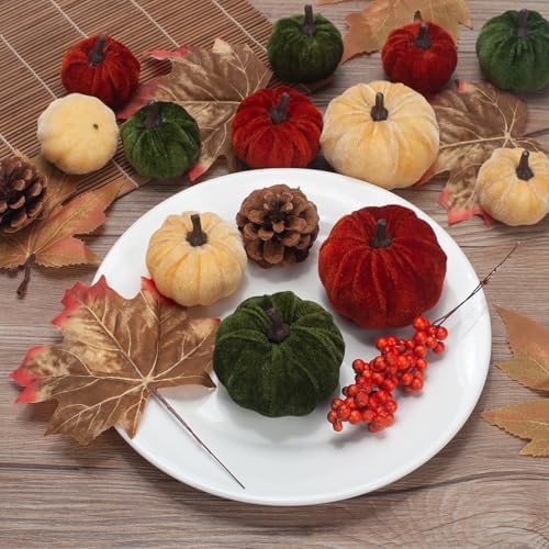 21 PCS Pumpkins Decor Set, 3 Sizes Fake Velvet Pumpkin, Dark Green Brown Gold Small Foam Pumpkins for Fall Harvest Thanksgiving Tiered Tray Centerpiece Bowl Filler Farmhouse Halloween