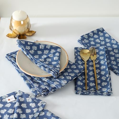 TARAN LIVING 100% Cotton Printed Cloth Napkins Reusable Fall Dinner Napkins Floral Fabric Napkins Set of 6 Machine Washable for Events, Gift, Home Decor - 18"x18" - Blue