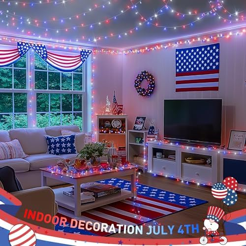 JMEXSUSS 4th of July Decorations, 33ft 100 LED Red White and Blue Lights