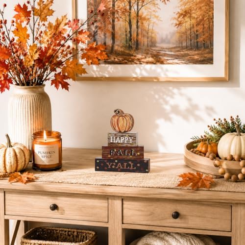 Smile Fall Wooden Block Decor Signs Pumpkin Plaque HAPPY FALL Y'ALL Tiered Tray Tabletop Signs for Autumn Harvest Thanksgiving Home Decor