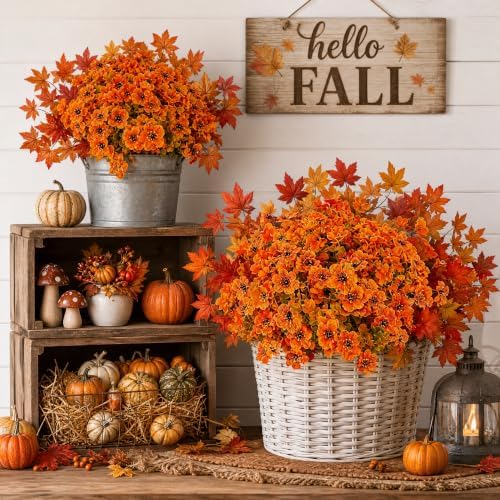 10Pcs Artificial Fall Flowers Outdoor UV Resistant, Faux Mums Orange Silk Flowers with 3-Tone Maple Leaves for Porch Planters, Thanksgiving Autumn Harvest Decor, 14 Inch
