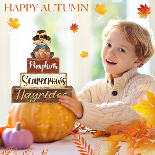 4 Pcs Fall Decor for Home Scarecrow Cute Wooden Sign Fall Tiered Tray Decor