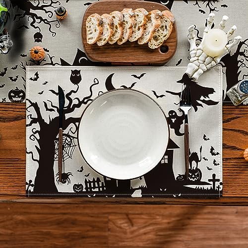 Artoid Mode Black White Spooky Haunted House Tree Ghost Witch Halloween Placemats Set of 6, 12x18 Inch Fall Table Mats for Party Kitchen Dining Decoration