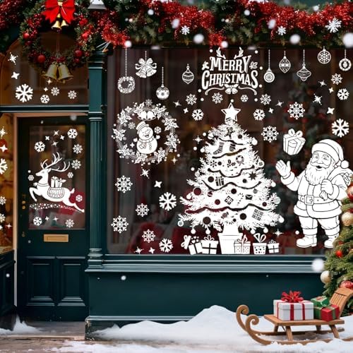 AhfuLife Large Christmas Window Clings Decorations, 35.4 x 11.8 in, 6 Sheets Double Side Xmas Snowflake Santa Reindeer Snowman Window Decals Stickers for Home Glass Party Indoor Decorations