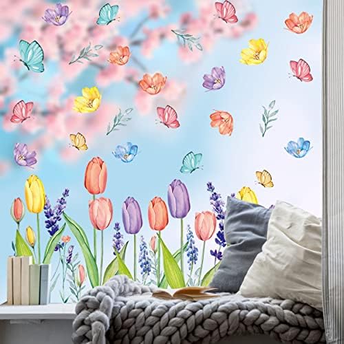 Horaldaily 67 PCS Spring Summer Window Cling Sticker, Tulip Butterfly Flower Decal for Home Party Supplies Shop Glass Display Decoration
