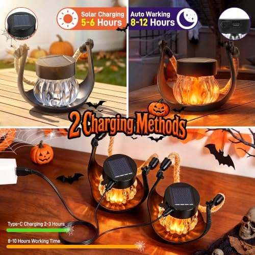 Solar Lantern with Flickering Flame, 4 Pack Solar Halloween Lights