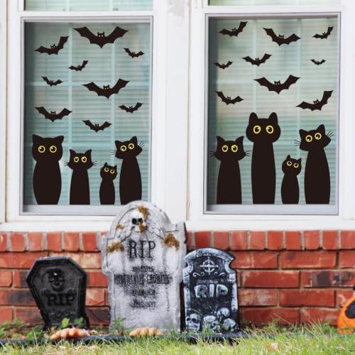Whaline 6 Sheets Halloween Black Cat Window Clings Cartoon Cat Bat Silhouette Reusable Window Decals for Spooky Holiday Home Office School Glass Decor