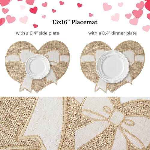 Feuille Valentines Placemat Set of 4,Farmhouse Burlap Heart Bow Valentines Day & Anniversary Placemat Rustic Table Decor for Dining Table