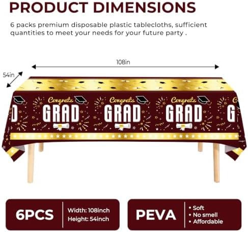 6 Pack Disposable Plastic Tablecloth 54" x 108" Burgundy Class of 2026 Grad Party Table Cloths Disposable for 6 to 8 Foot Tables Graduation Party Indoor or Outdoor (Graduation Burgundy)
