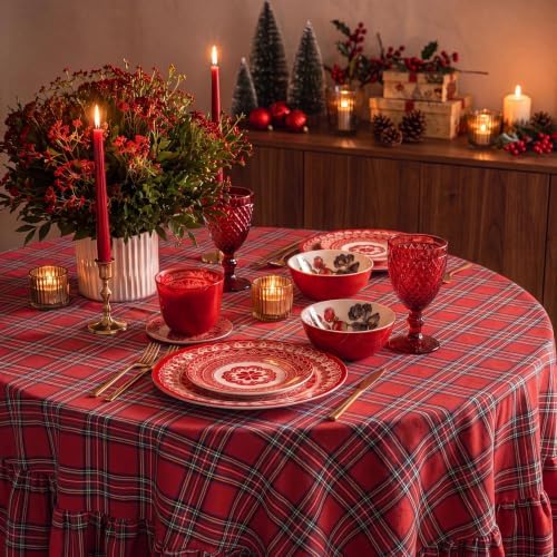 Softalker Christmas Ruffle Plaid Round Tablecloth, Red, 70" x 70"